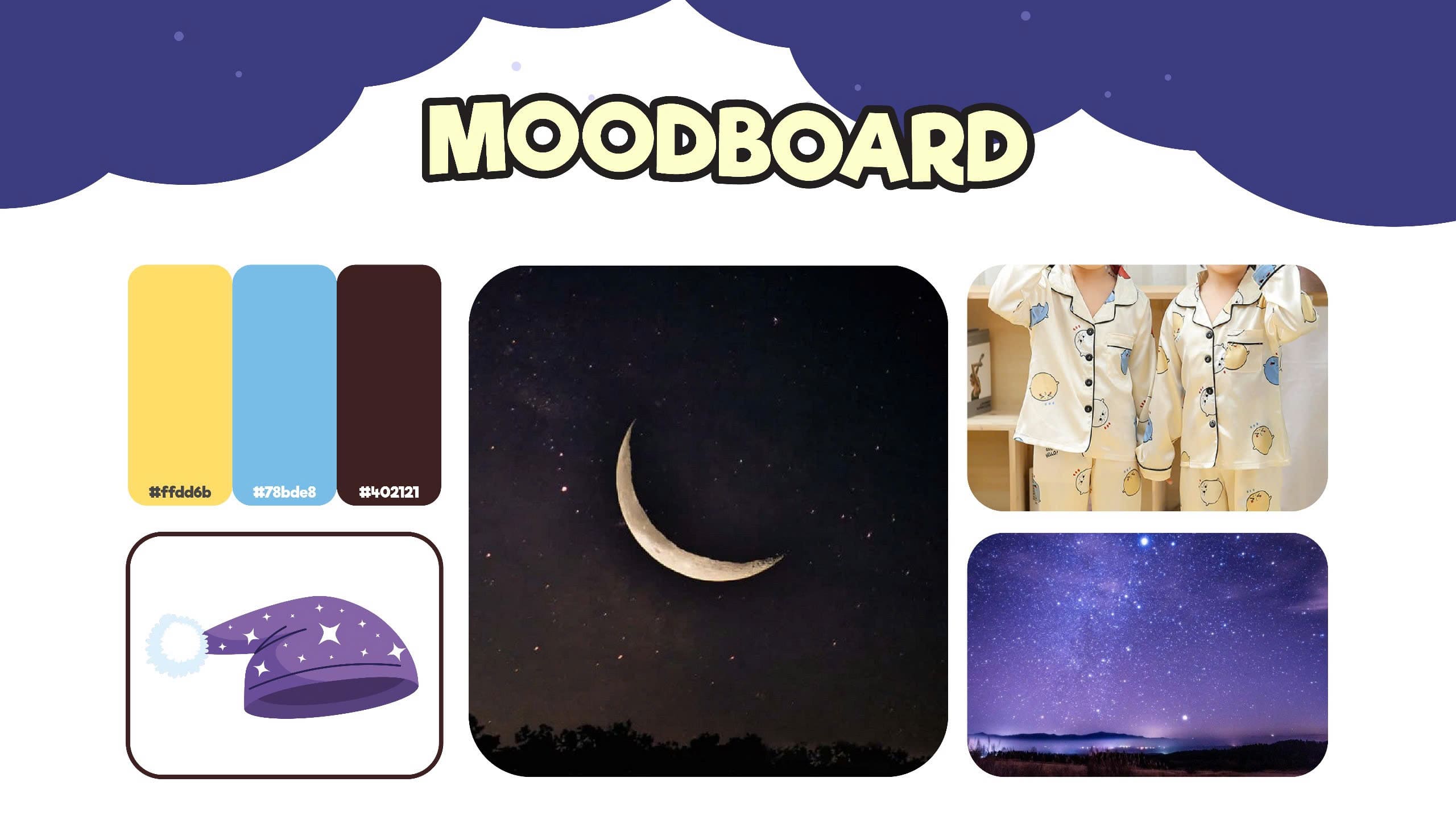 Moodboard sáng tạo đằng sau thiết kế nhân vật Lunie, lấy cảm hứng từ bầu trời đêm và giấc ngủ.