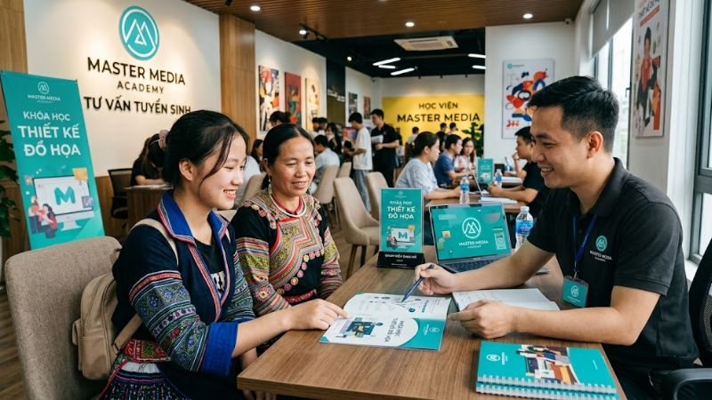 Sinh viên năm nhất cùng phụ huynh đến Master Media tìm hiểu khóa học